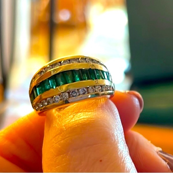 14K emerald and diamond 3-row ring - Picture 4 of 5